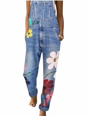 #1082 Light Blue Floral Denim Overalls for Women